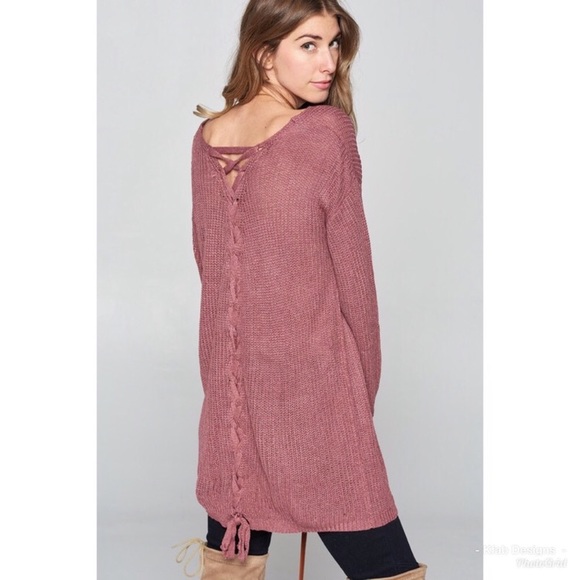 SALE! Mauve Lace Up Back Sweater - Picture 3 of 8